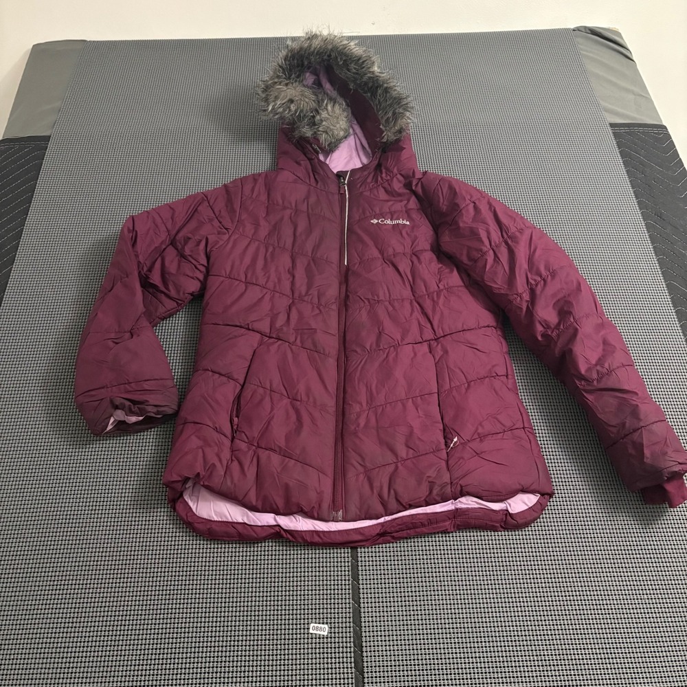 Columbia Girls Large 14/16 Hooded Puffer Jacket Purple Faux Fur Trim Winter Coat